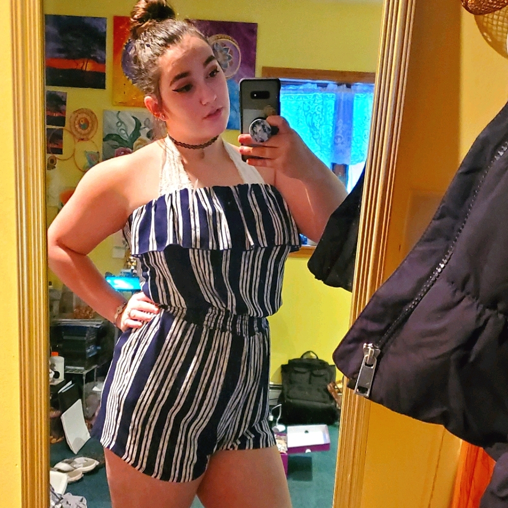 Striped navy and white romper